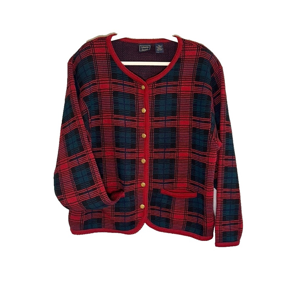 Retro Plaid Knit Sweater Cardigan Red XL Festive Holiday Christmas Preppy Chic